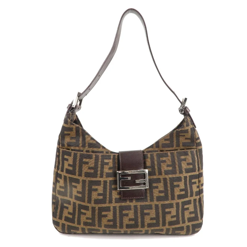 Fendi bags with a detachable mobile phone holder for on - the - go connectivityFENDI Zucca Canvas Leather Shoulder Bag Brown Black 26569