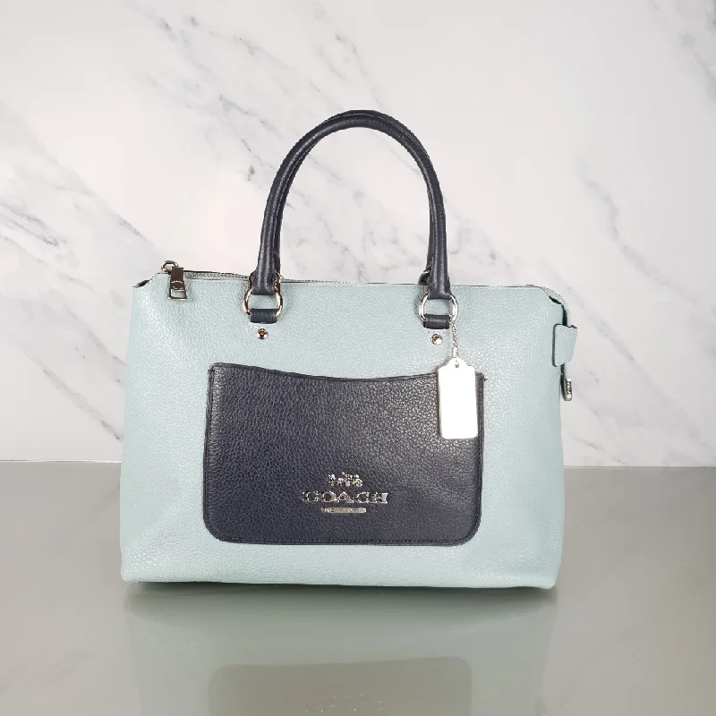 Coach bags with a patent - leather finish for a shiny and sophisticated appearanceCoach Emma Satchel in Seafoam Blue with Navy Coloblock Pebble Leather - Coach F72856