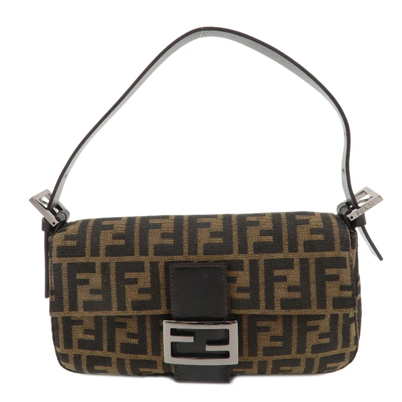 Fendi bags with a zip - top closure and a front - pocket for quick access to keys and cardsFENDI Zucca Mamma Baguette Canvas Leather Bag Brown 8BR000