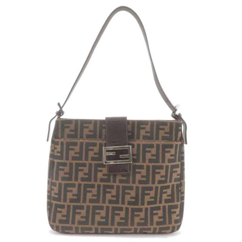 Fendi bags with a magnetic - closure card holder inside for easy access to cardsFENDI Zucca Canvas Leather Shoulder Bag Brown Black 26727