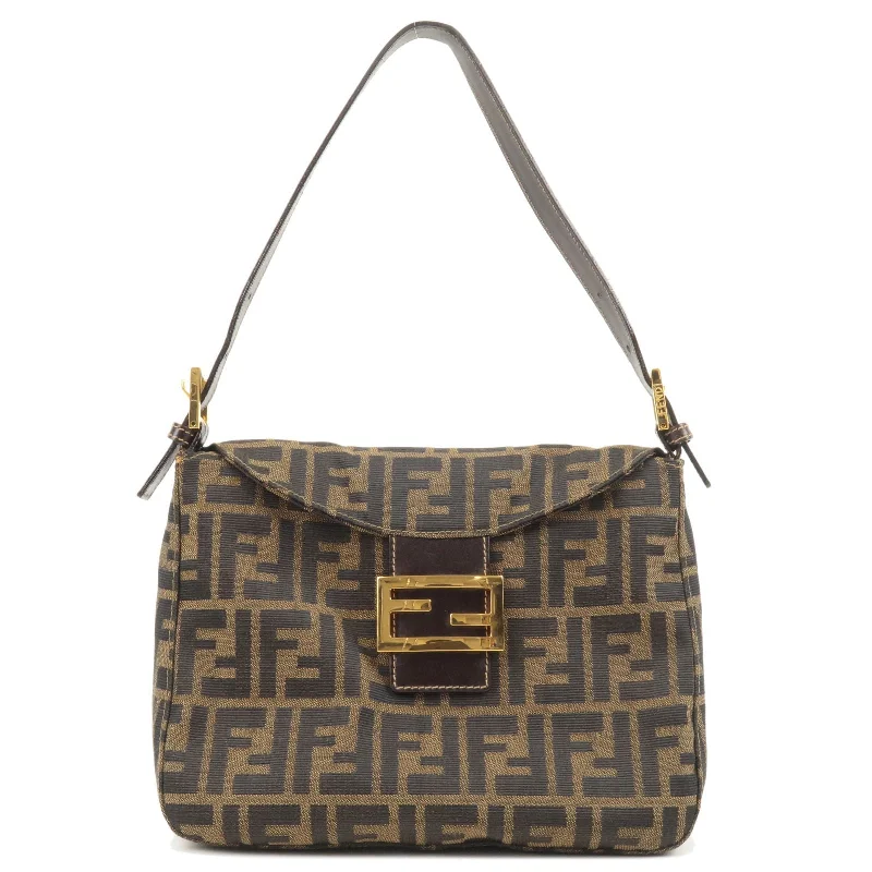 Ladies Fendi shoulder bags with a hidden magnetic pocket for discreet storageFENDI Zucca Canvas Leather Shoulder Bag Khaki Brown Black 26426