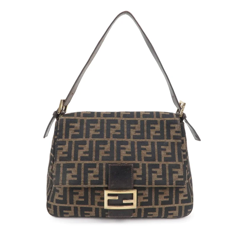 Fendi By The Way bags with a laser - cut leather detail for a modern and intricate lookFENDI Mamma Baguette Zucca Canvas Leather Shoulder Bag 26325