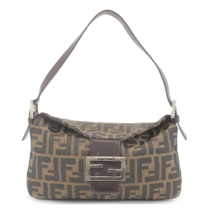 Ladies Fendi shoulder bags with a quilted leather exterior for a luxurious and cozy lookFENDI Zucca Canvas Leather Shoulder Bag Brown Black 26725