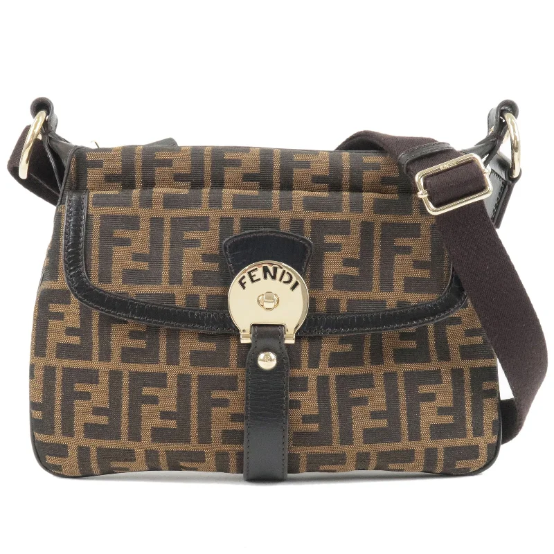 Ladies Fendi shoulder bags with a detachable phone stand for hands - free viewingFENDI Zucca Canvas Leather Shoulder Bag Brown Black 8BT141