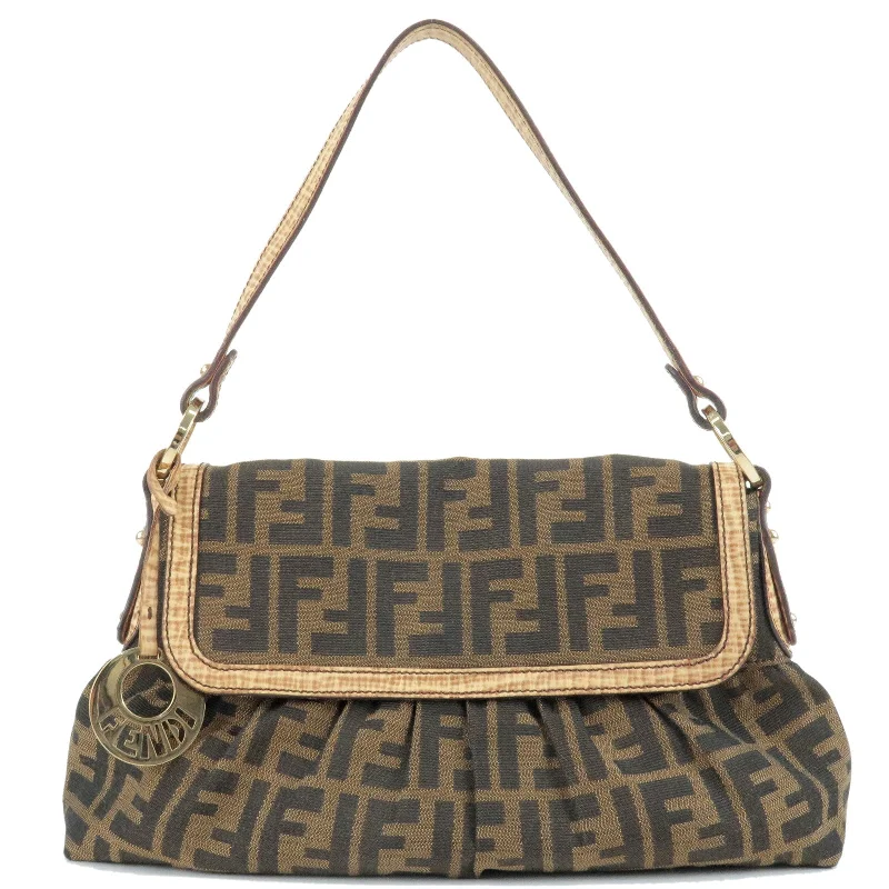 Fendi Peekaboo bags with a classic two - compartment design for organized storageFENDI Zucca Canvas Leather Shoulder Bag Beige Brown 8BR445