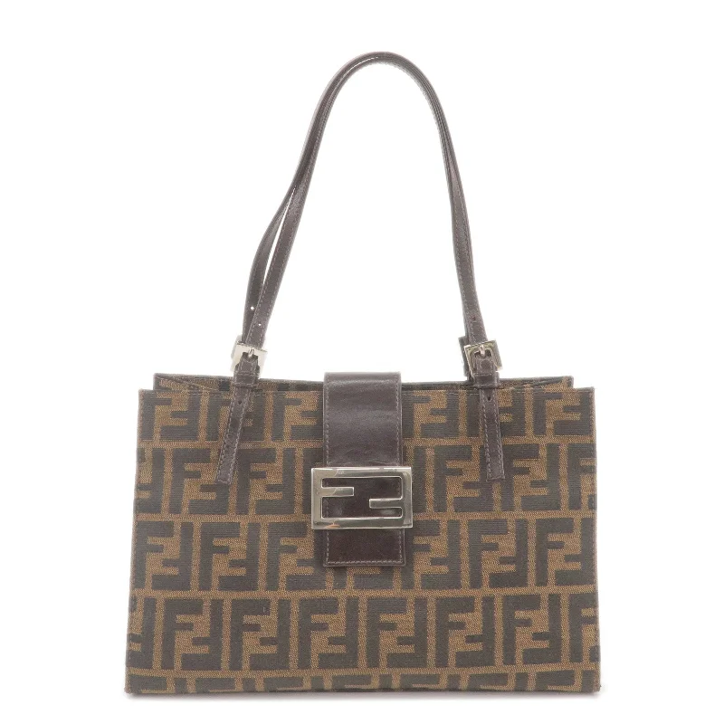 Fendi bags with a chain - link trim and a leather body for a modern and edgy lookFENDI Zucca Canvas Leather Shoulder Bag Brown Black 15808