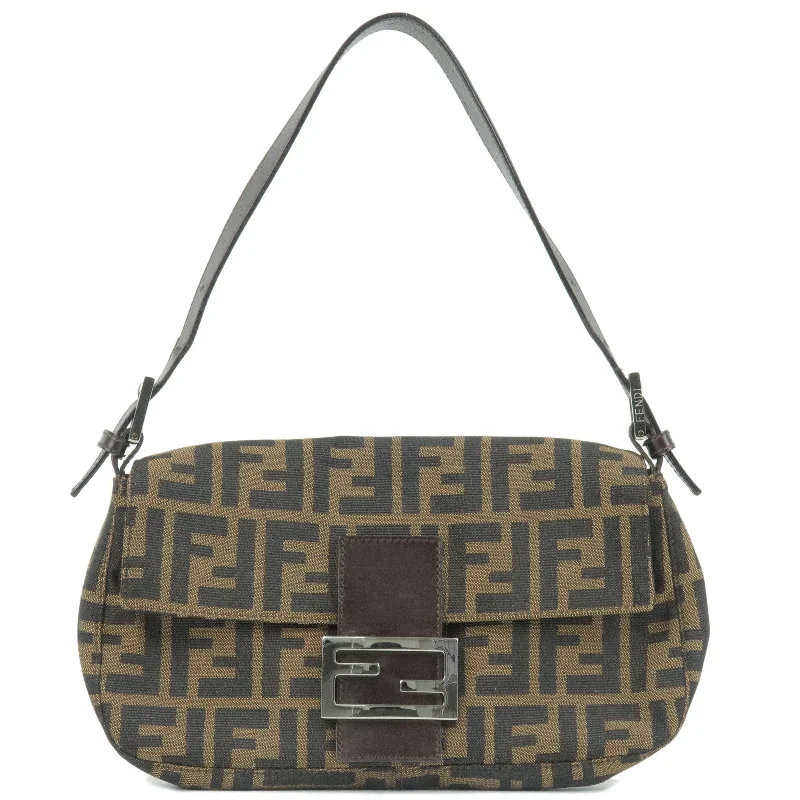 Ladies Fendi shoulder bags with a hidden magnetic pocket for discreet storageFENDI Zucca Canvas Leather Mamma Baguette Shoulder Bag Khaki 26424