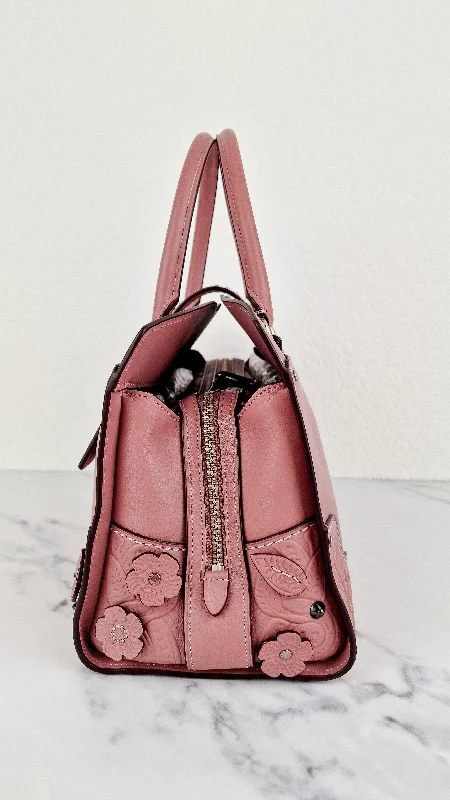 Coach bags with a chain - link trim and a leather body for a modern edgeCoach Mercer Satchel 30 in Dusty Rose Pink with Tooled Leather Tea Roses - Floral Crossbody Bag Handbag - Coach 12031