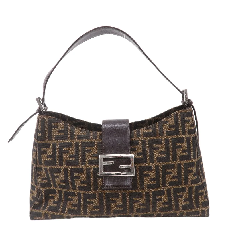 Ladies Fendi shoulder bags with a quilted leather exterior for a luxurious and cozy lookFENDI Zucca Canvas Leather Shoulder Bag Brown Black 16115