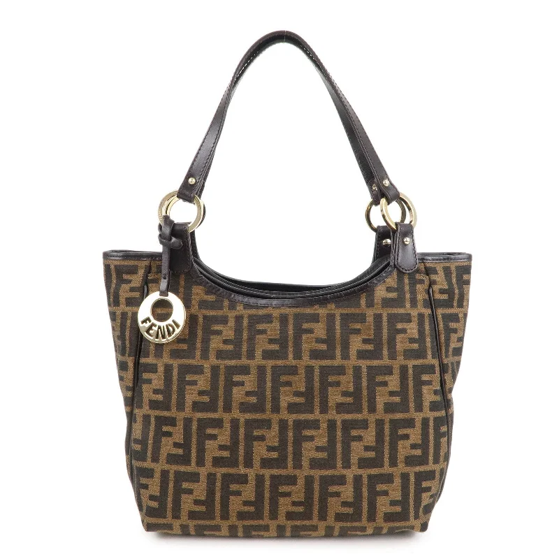 Fendi bags with a detachable makeup pouch inside for beauty - conscious usersFENDI Zucca Canvas Leather Shoulder Bag Brown Black 8BH156