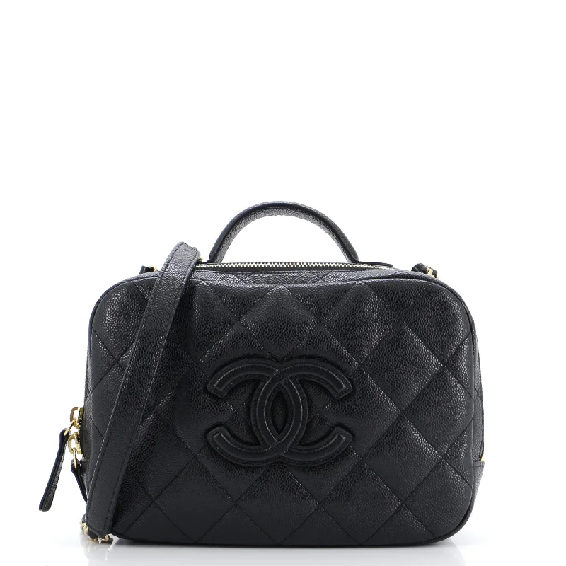 CC Top Handle Zip Around Vanity Case with Chain Quilted Caviar Small