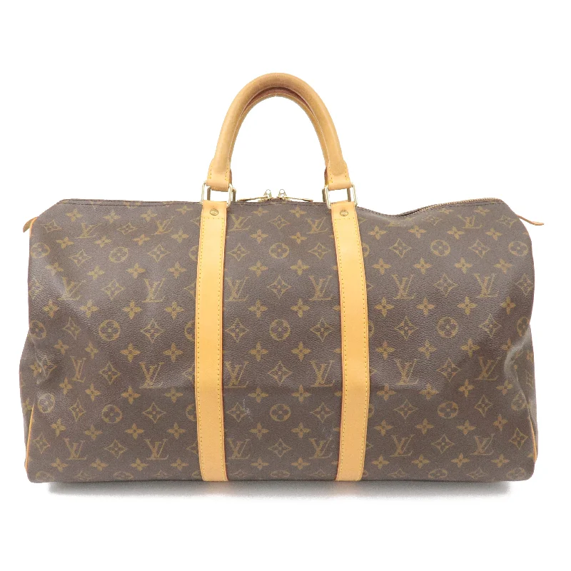 Louis Vuitton tote bags with a printed LV logo on the front for brand visibilityLouis Vuitton Monogram Keep All 50 Boston Bag Brown M41416