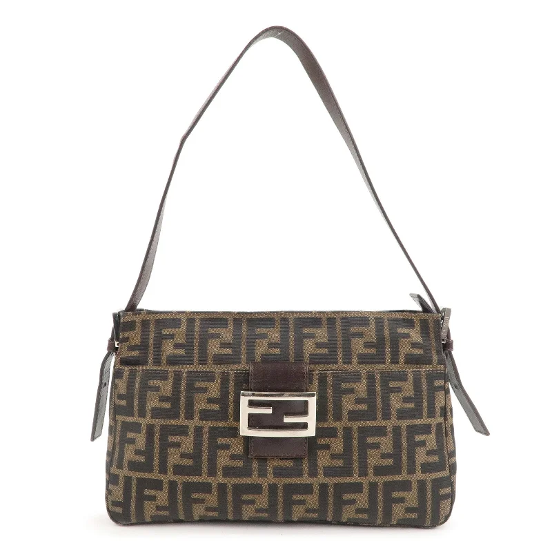 Ladies Fendi shoulder bags with a detachable phone stand for hands - free viewingFENDI Zucca Canvas Leather Shoulder Bag Brown Black 26566