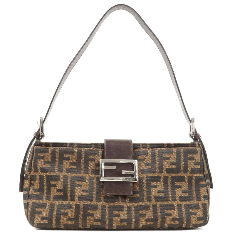 Fendi tote bags with a double - zip closure for enhanced securityFENDI Zucca Canvas Leather Shoulder Bag Khaki Black Brown 26722