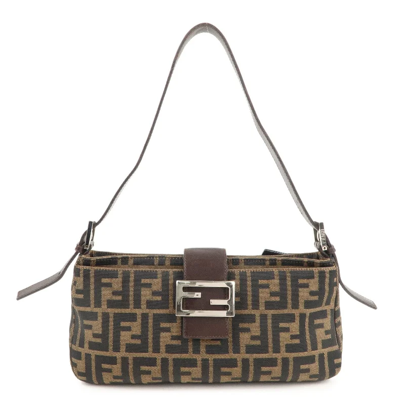 Medium - sized Fendi shoulder bags in rich, deep colors like burgundy for a sophisticated appearanceFENDI Zucca Canvas Leather Shoulder Bag Black Brown 26722