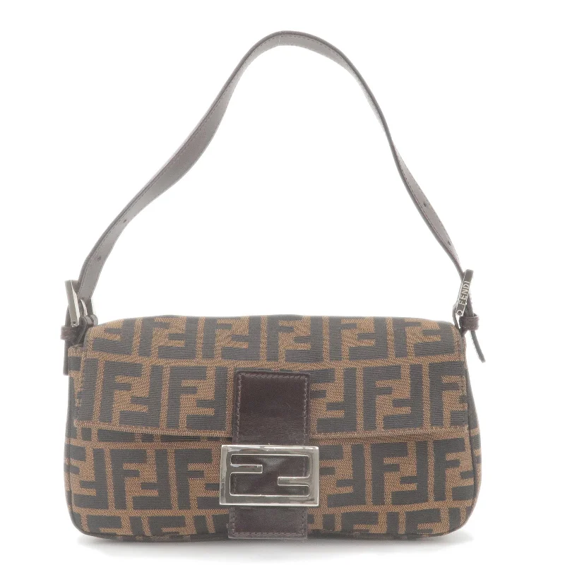 Fendi bags with a patent - leather finish for a shiny and sophisticated appearanceFENDI Zucca Canvas Leather Mamma Baguette Bag Brown Black 26424