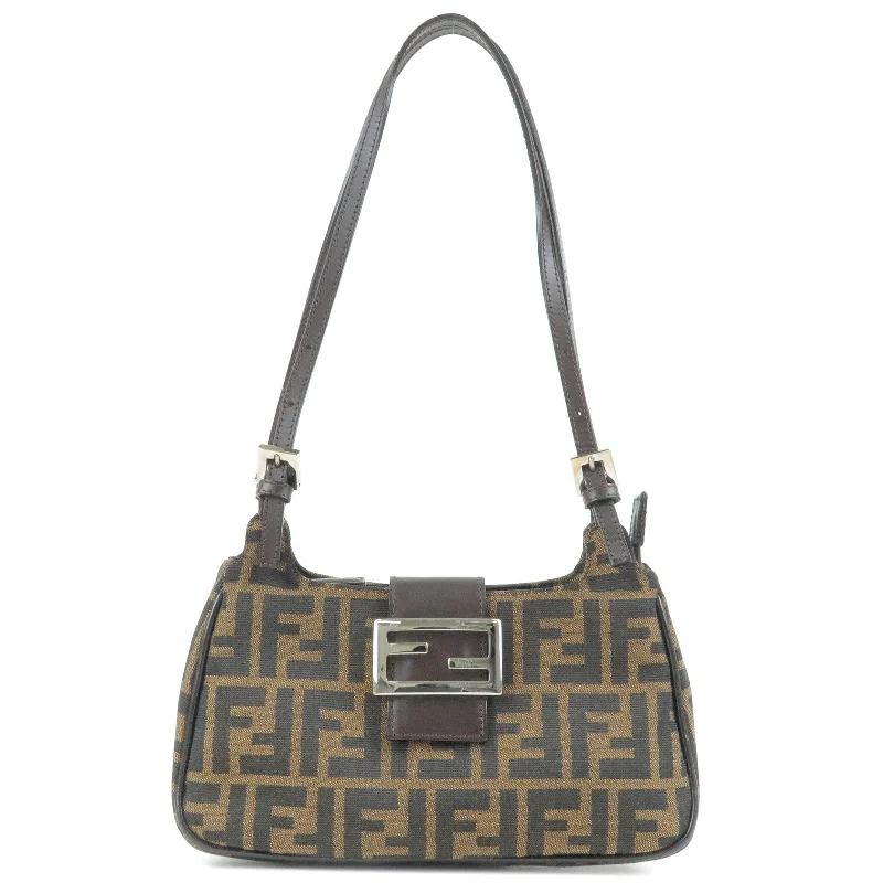 Fendi bags with a chain - link trim and a leather body for a modern and edgy lookFENDI Zucca Canvas Leather Shoulder Bag Khaki Black 267670