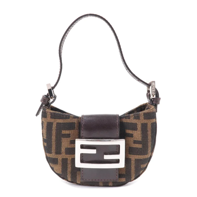 Ladies Fendi shoulder bags with a detachable scarf strap for a stylish and versatile optionFENDI Zucca Canvas Leather Pouch Mini Bag Brown Black 26673