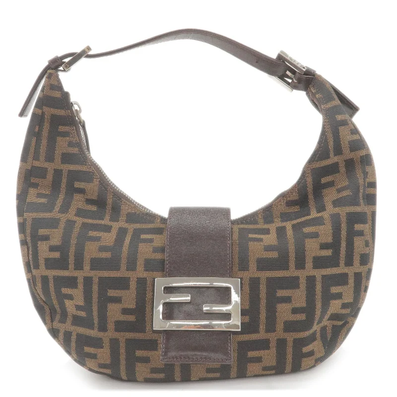 Fendi bags with a magnetic - closure card holder inside for easy access to cardsFENDI Zucca Canvas Leather Shoulder Bag Brown Black 16321