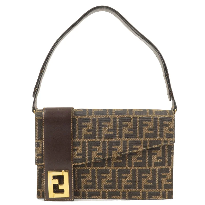 Fendi By The Way bags with a leather - wrapped drawstring for a luxurious and tactile feelFENDI Zucca Canvas Leather Shoulder Bag Brown Black 15193