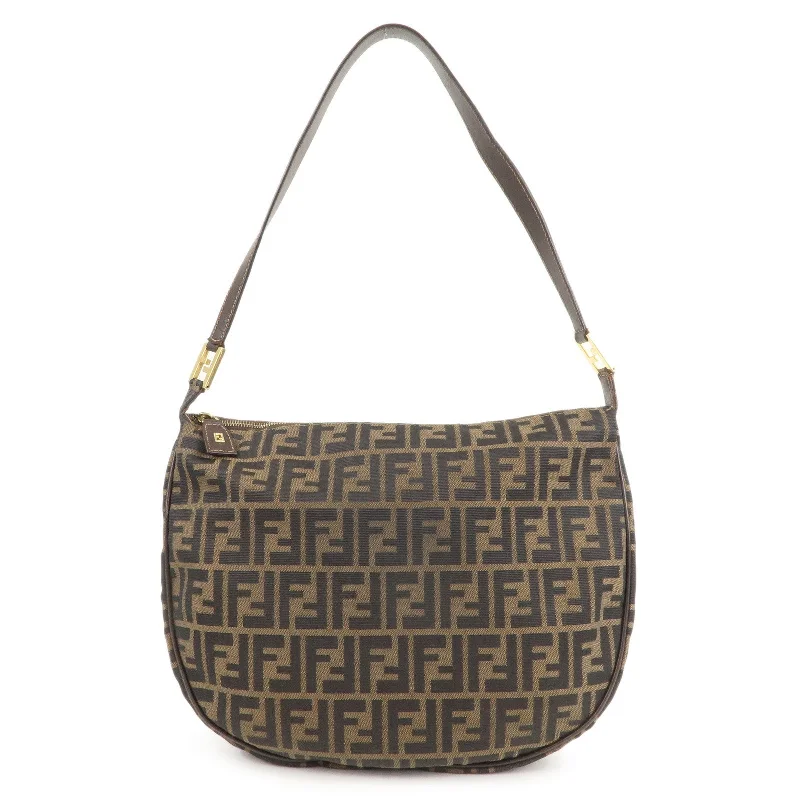 Fendi bags with a detachable mobile phone holder for on - the - go connectivityFENDI Zucca Canvas Leather Shoulder Bag Brown Black