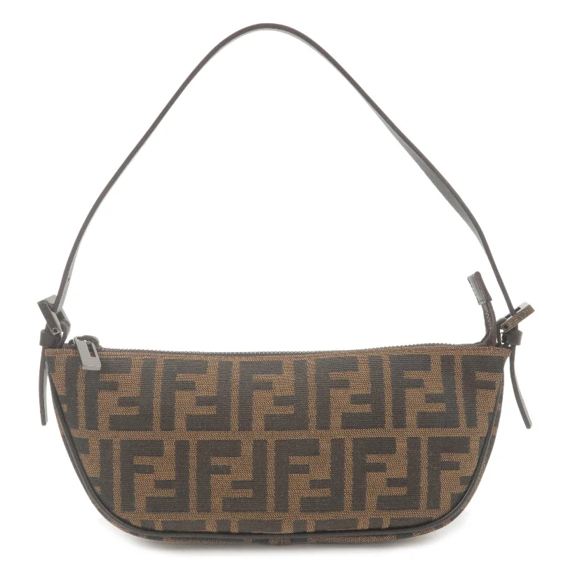 Ladies Fendi shoulder bags with a hidden magnetic pocket for discreet storageFENDI Zucca Canvas Leather Shoulder Bag Brown Black 8BR133