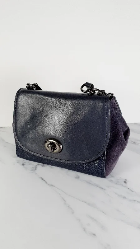 Coach Dempsey bags with a leather - wrapped drawstring for a luxurious feelCoach Faye in Dark Blue Navy Mixed Leather & Suede Flap Bag Turnlock Tophandle Crossbody - Coach F22348