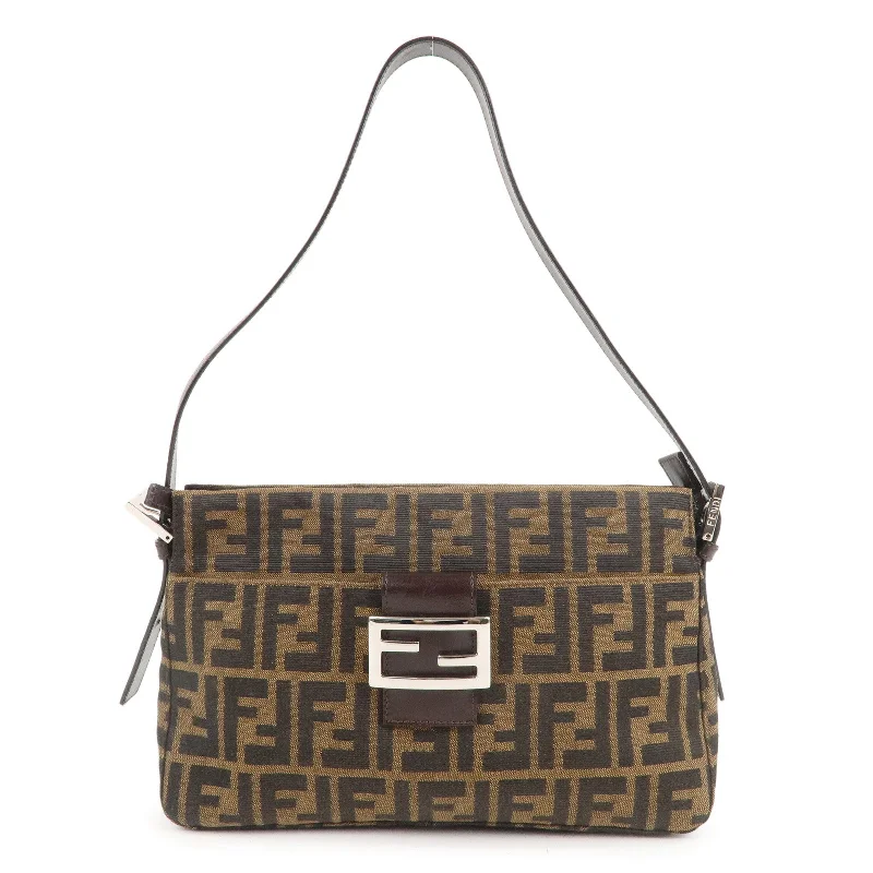 Fendi bags with a zip - top closure and a front - pocket for quick access to keys and cardsFENDI Zucca Canvas Leather Shoulder Bag Brown Black 26566