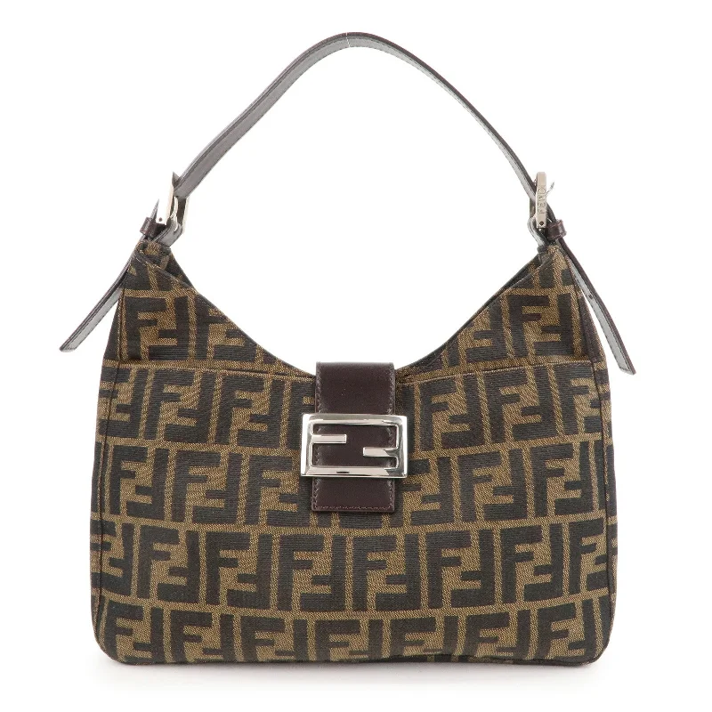 Fendi bags with a chain - link trim and a leather body for a modern and edgy lookFENDI Zucca Canvas Leather Shoulder Bag Brown Black 26569