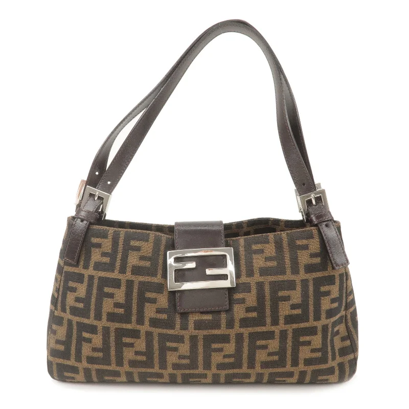 Ladies Fendi Sunshine Shopper bags in a pastel shade like mint for a soft and delicate appearanceFENDI Zucca Canvas Leather Shoulder Bag Hand Bag Brown Black 26583