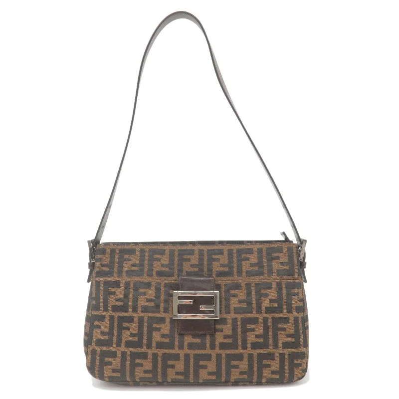 Fendi tote bags with a double - handle and shoulder - strap option for versatile carryingFENDI Zucca Canvas Leather Shoulder Bag Brown Black 26566