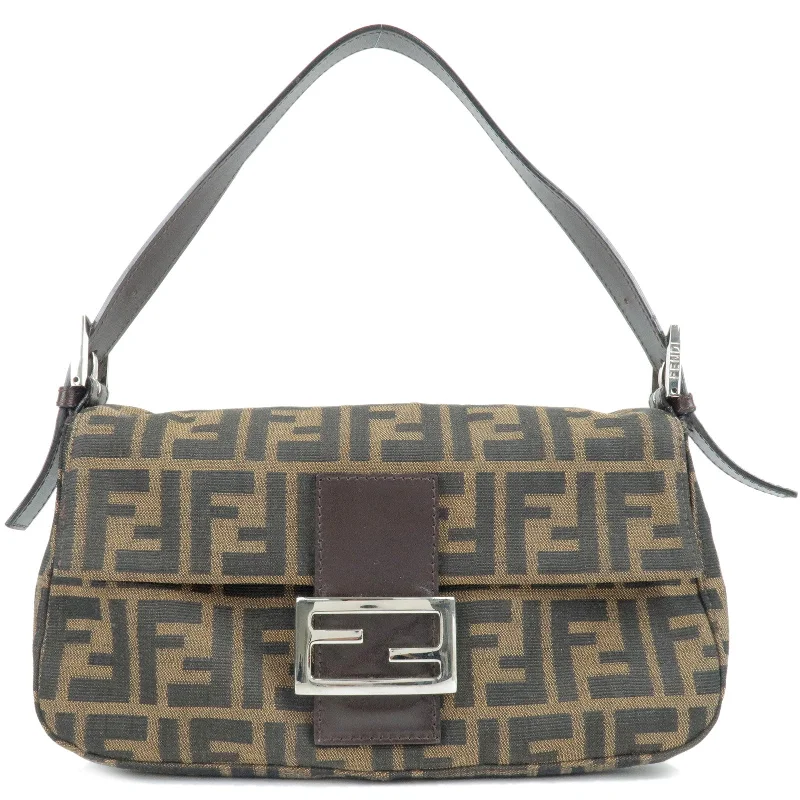 Fendi backpacks with a retractable handle for easy transportationFENDI Zucca Canvas Leather Mamma Baguette Shoulder Bag Brown 26424