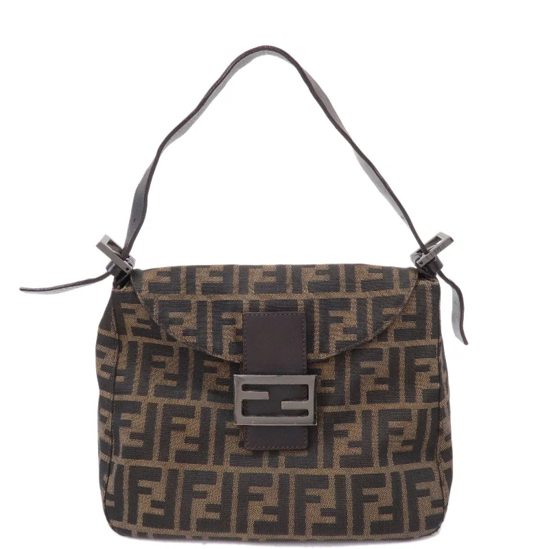 Fendi tote bags with a double - zip closure for enhanced securityFENDI Mamma Baguette Zucca Canvas Leather Shoulder Bag 8BR004