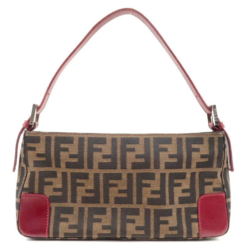 Fendi bags with a zip - top closure and a front - pocket for quick access to keys and cardsFENDI Zucca Canvas Leather Shoulder Bag Brown Bordeaux 8BR207