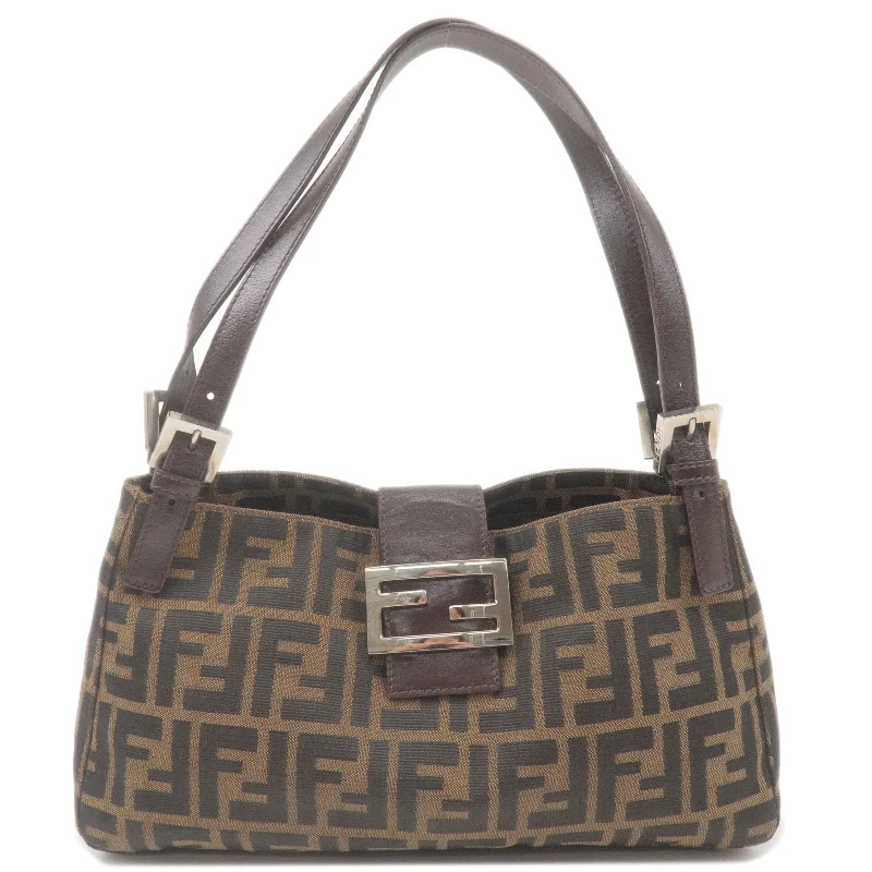 Fendi tote bags with a hand - painted FF pattern for an artisanal and one - of - a - kind touchFENDI Zucca Canvas Leather Shoulder Bag Brown Black 26583