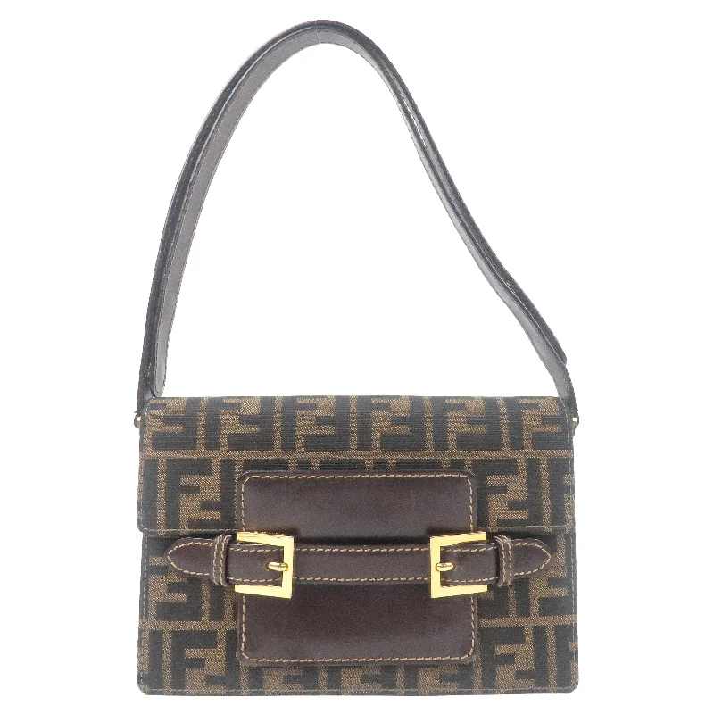 Fendi Sunshine Shopper bags with a contrast - stitched handle for a unique and stylish lookFENDI Zucca Canvas Leather Shoulder Bag Khaki Black 15079