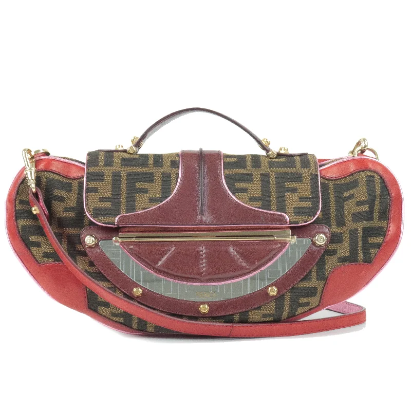 Ladies Fendi Peekaboo bags with a hand - carved leather detail for a unique and artisanal touchFENDI Zucca Canvas Leather 2Way Bag HandBag Beige Brown Red 8BN133