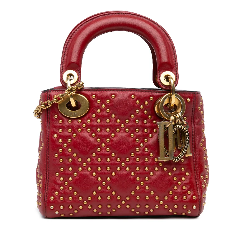 Hermes Bags with Detachable Pouches for VersatilityRed Dior Mini Lambskin Cannage Studded Supple Lady Dior Satchel