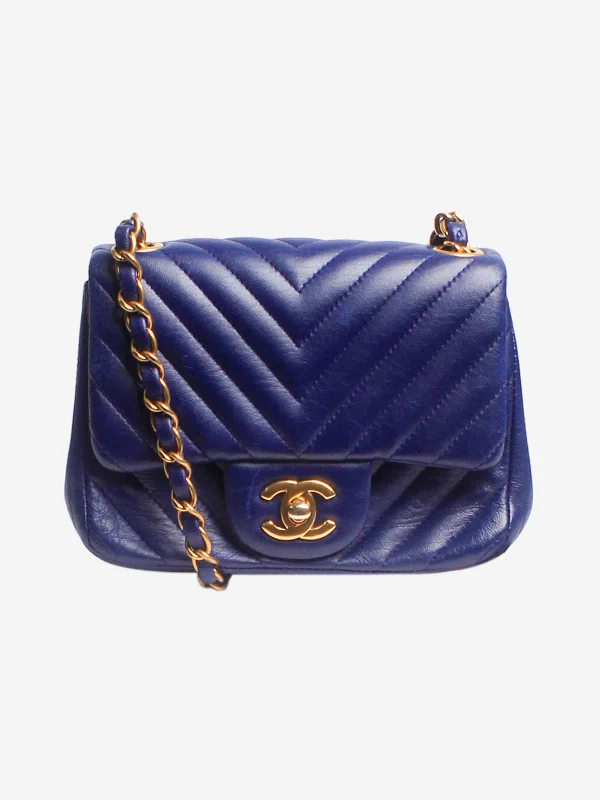 Stylish Hermes Kelly Bags with Custom - Engraved PlatesNavy blue 2015 lambskin Mini Square Classic Single Flap bag