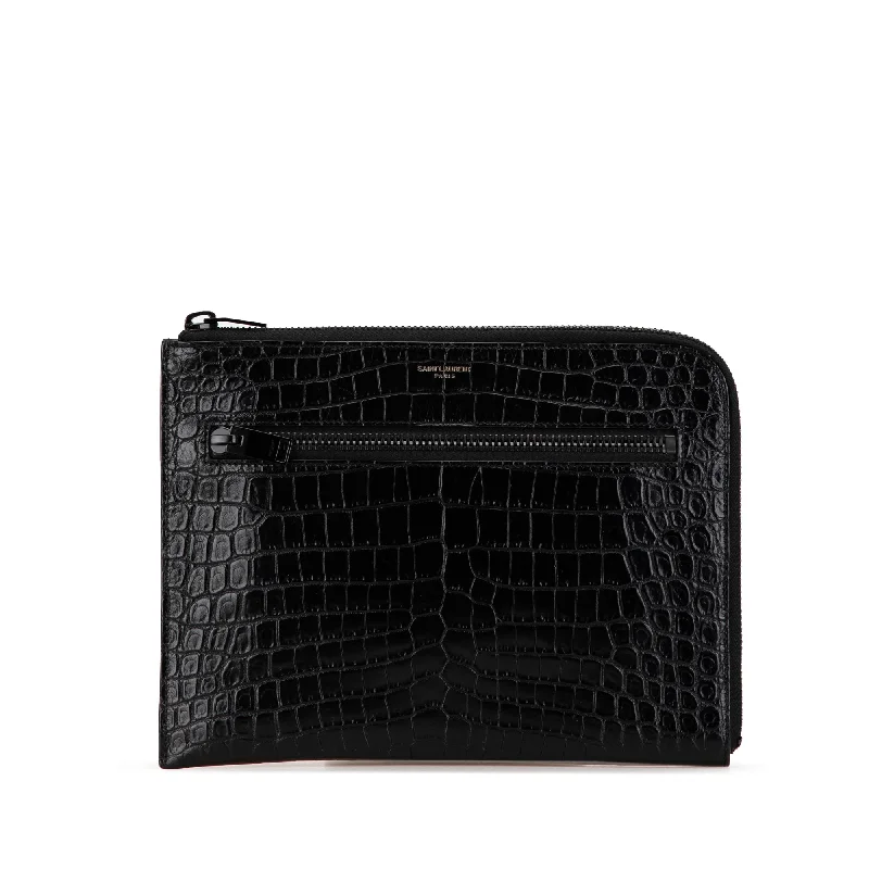 Customizable Hermes Bags with Personalized LocksBlack Saint Laurent Croc Embossed Leather Clutch