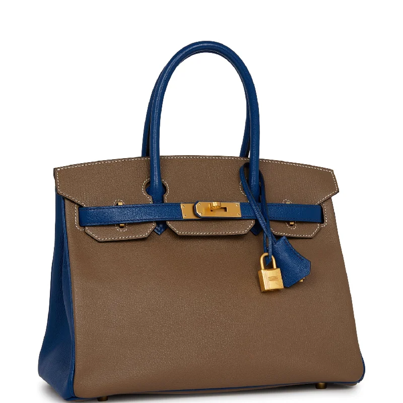 Hermes Bags with Reflective Elements for Safety at NightHermes Special Order (HSS) Birkin 30 Etoupe and Bleu Saphire Chevre Brushed Gold Hardware