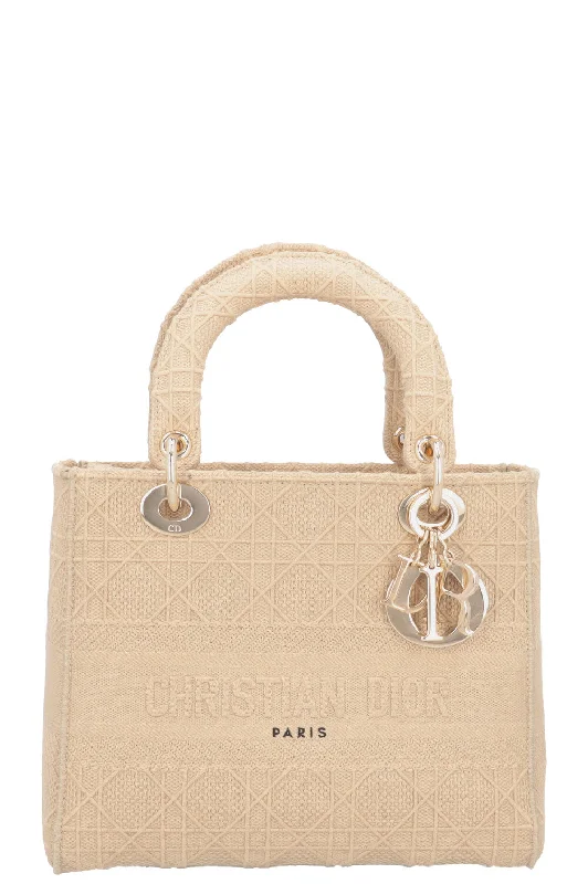 Christian Dior handbags with a back - pocket for quick storageCHRISTIAN DIOR Lady Dior D-Lite Cannage Canvas Sand