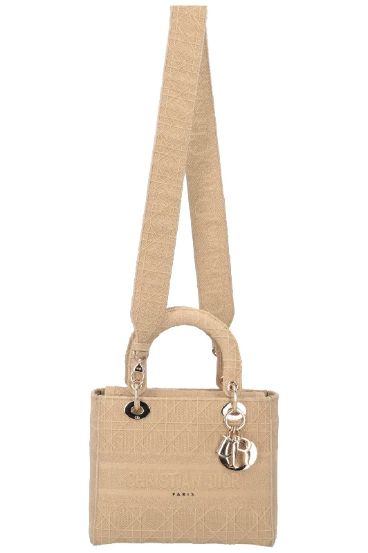 Christian Dior handbags with a snap - button closure and a decorative buckleCHRISTIAN DIOR Lady Dior D-Lite Cannage Canvas Sand