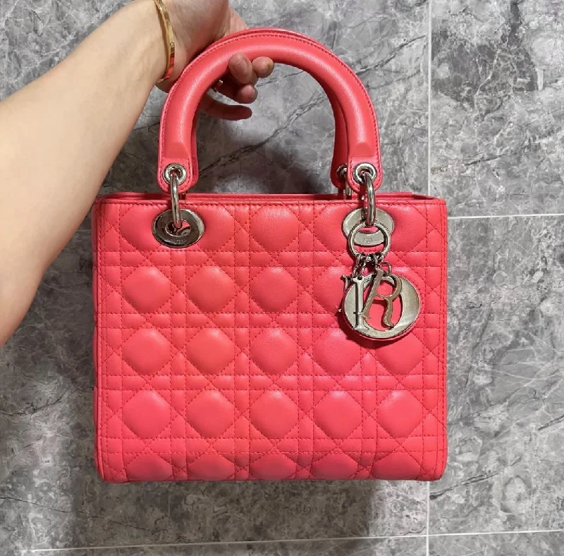 Christian Dior bags with a zip - top closure and multiple compartments[Clearance]Lady Medium Lambskin with Silver Hardware Pinkish Red