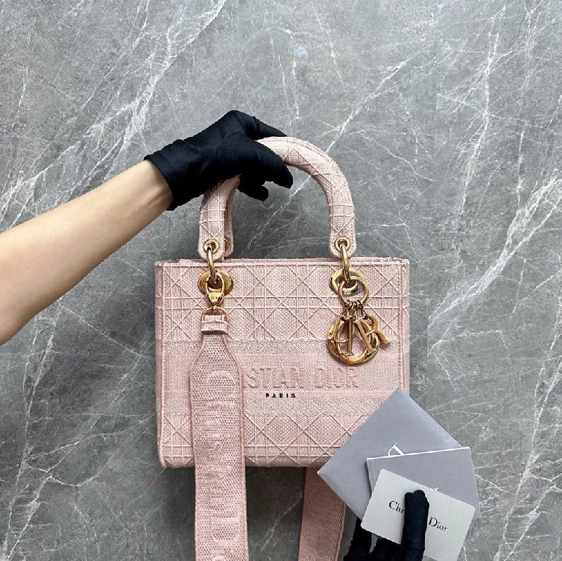 Christian Dior Saddle bags with a patent leather finish for a shiny lookLady D-Lite Sakura Pink Embroidered Cannage Medium GHW