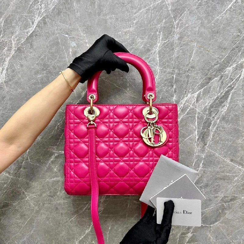 Contemporary Christian Dior handbags with a unique shapeLady Medium Lambskin Hot Pink GHW